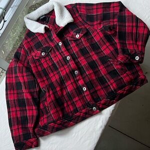 Red Plaid Brushed Twill & Faux
Fur Collar Trucker Jacket